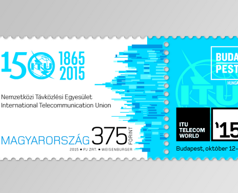 Szelvényes alkalmi bélyeg képe a 150 éves ITU, és annak budapesti konferenciája tiszteletére 