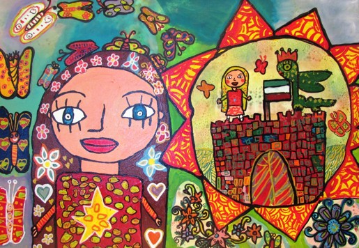 Egy kislányt, egy várat, egy napot és egy kis magyar zászlót ábrázoló kép a kiállításról: Kép: sajtóanyag 