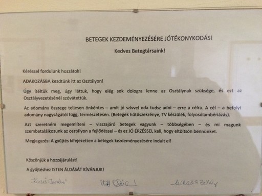 Kórházi tábla Kistarcsáról, amint kihirdették, hogy gyűjtést rendeznek, Kép: KaSa