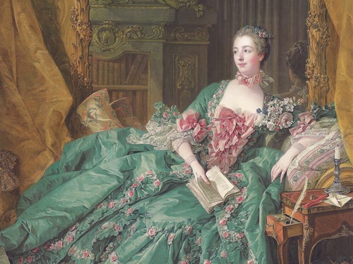 Madame de Pompadour egy kereveten, kezében egy könyv, Kép: wikimedia