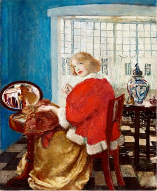 Festmény: hermelineds nő szépítkezik a szobabelsőben, egy tükör előtt, Kép: BÁV