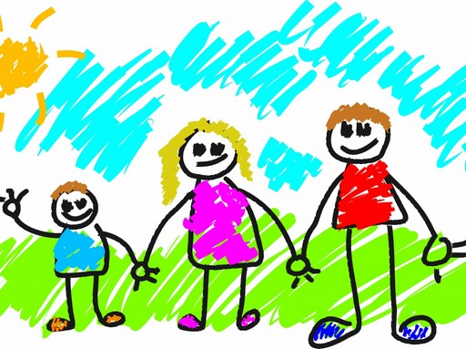 Gyerekrajz, ami egy vidám családot ábrázol napocskával, Kép: publicdomainpictures 