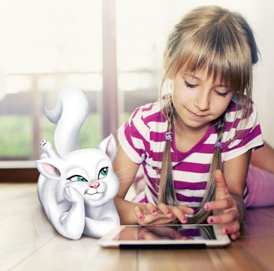 Kislány tablettel, rajzos cicával, Kép: sajtóanyag