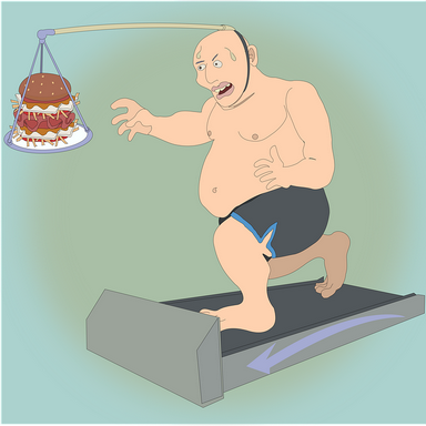 Fogyókúra, futópadon kövér férfi, fejére rögzítve egy bot, azon lóg egy torta, karikatúra, Kép: pixabay