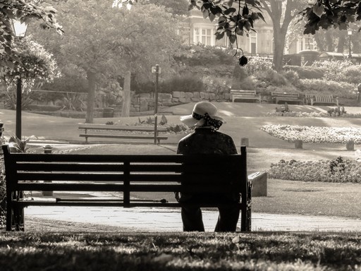 Idős nő ül háttal egy padon, Kép: publicdomainpictures