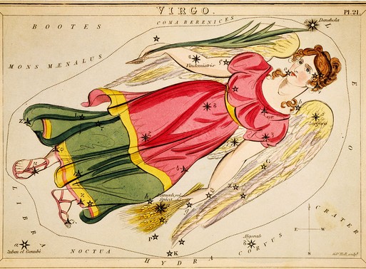 A Szűz csillagkép egyik ábrázolása, Sidney Hall képe 1825-ből, Kép: wikipedia